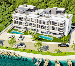 Zaton, 1. vrsta od morja, luksuzna novogradnja, pritličje A1, 223,59 m², vrt, bazen