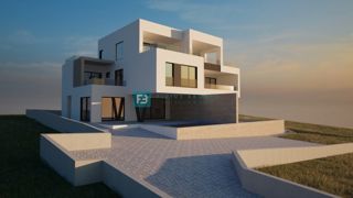 VODICE, gradbeno zemljišče s projektom, pogled na morje, 2 stanovanjski enoti, 2 bazena