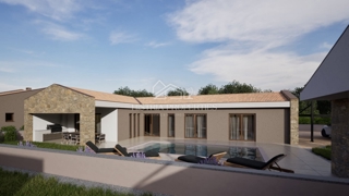 Moderno zasnovana enonadstropna hiša z bazenom in pomožnim poslopjem