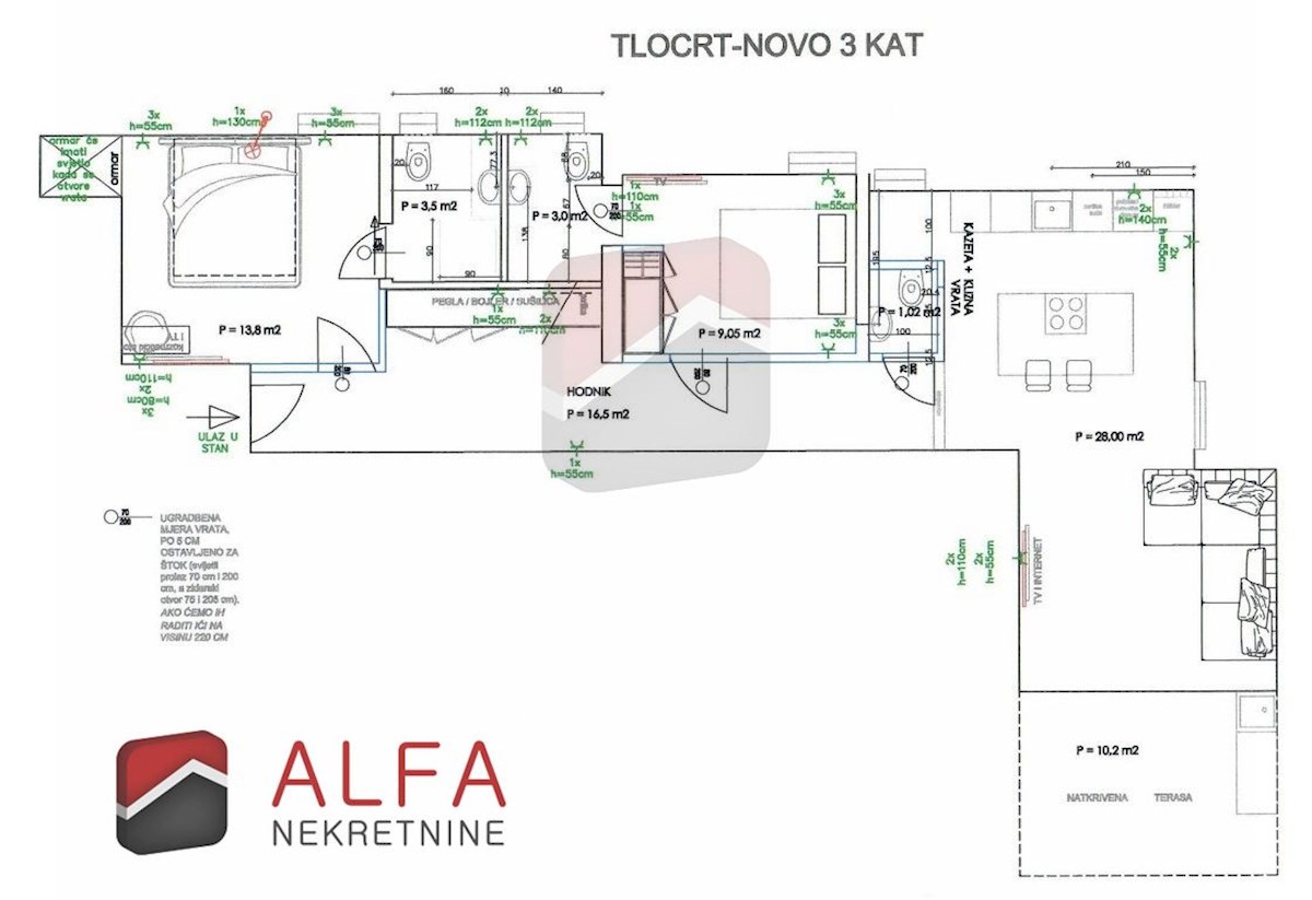 Hrvaška, Vodice, prodaja udobno opremljeno stanovanje v bližini morja, dve spalnici, talno ogrevanje