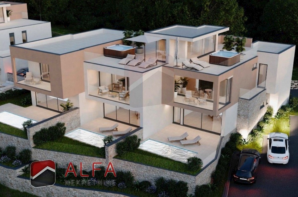 Hrvaška, Vodice – novogradnja, prodaja trietažno stanovanje, bazen, strešna terasa, dvorišče, pogled na morje