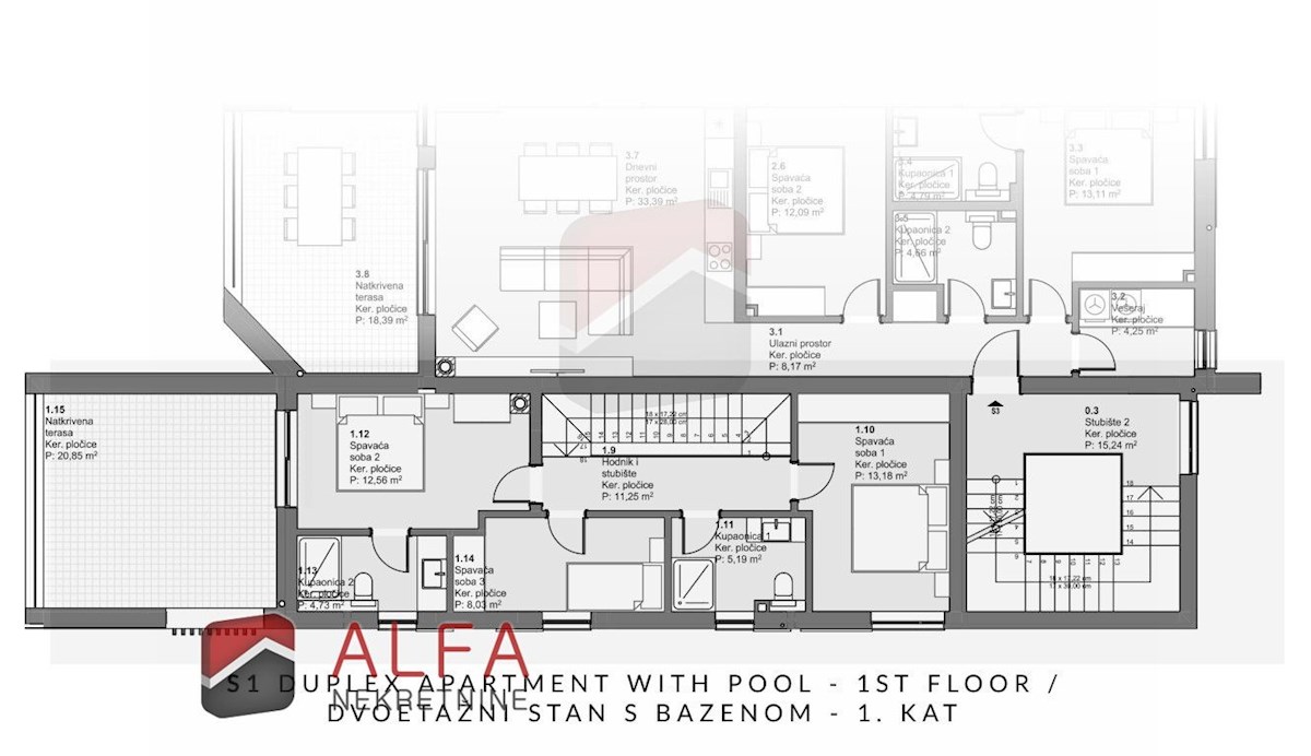 Hrvaška, Vodice – prodaja novo dvonadstropno stanovanje, bazen, vrt, pogled na morje