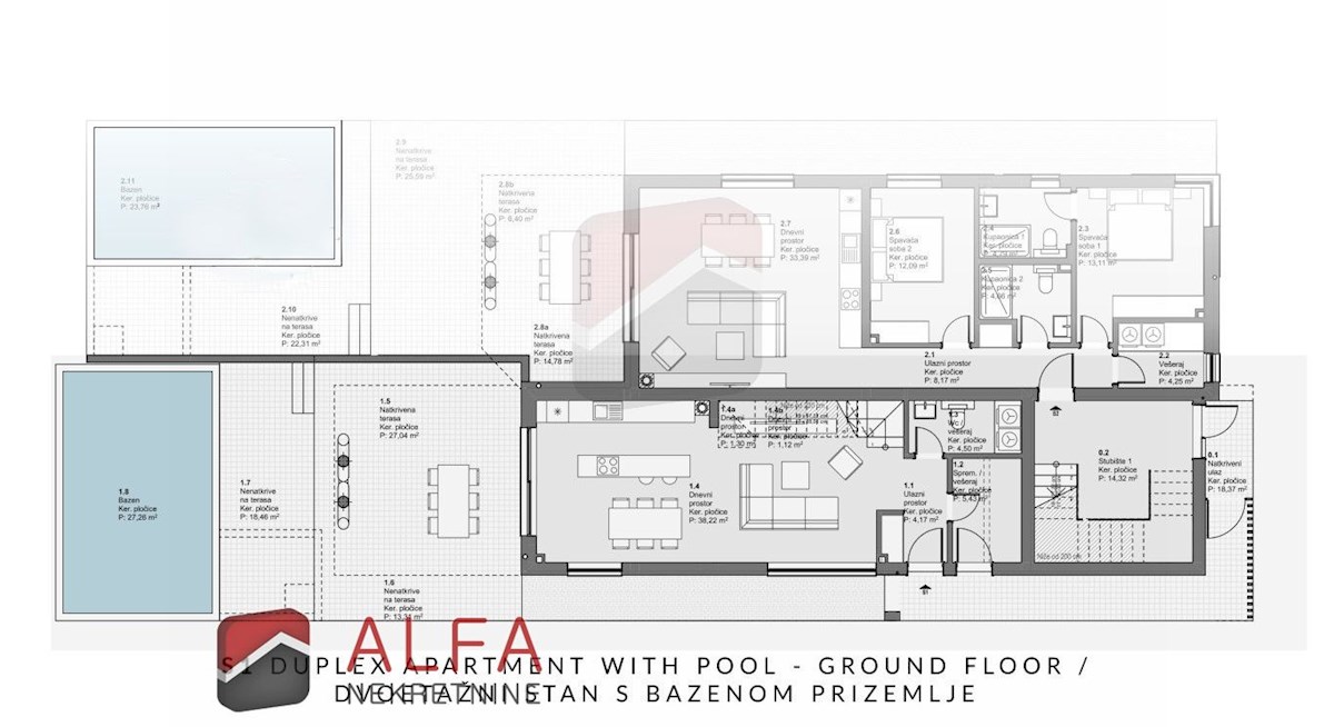 Hrvaška, Vodice – prodaja novo dvonadstropno stanovanje, bazen, vrt, pogled na morje