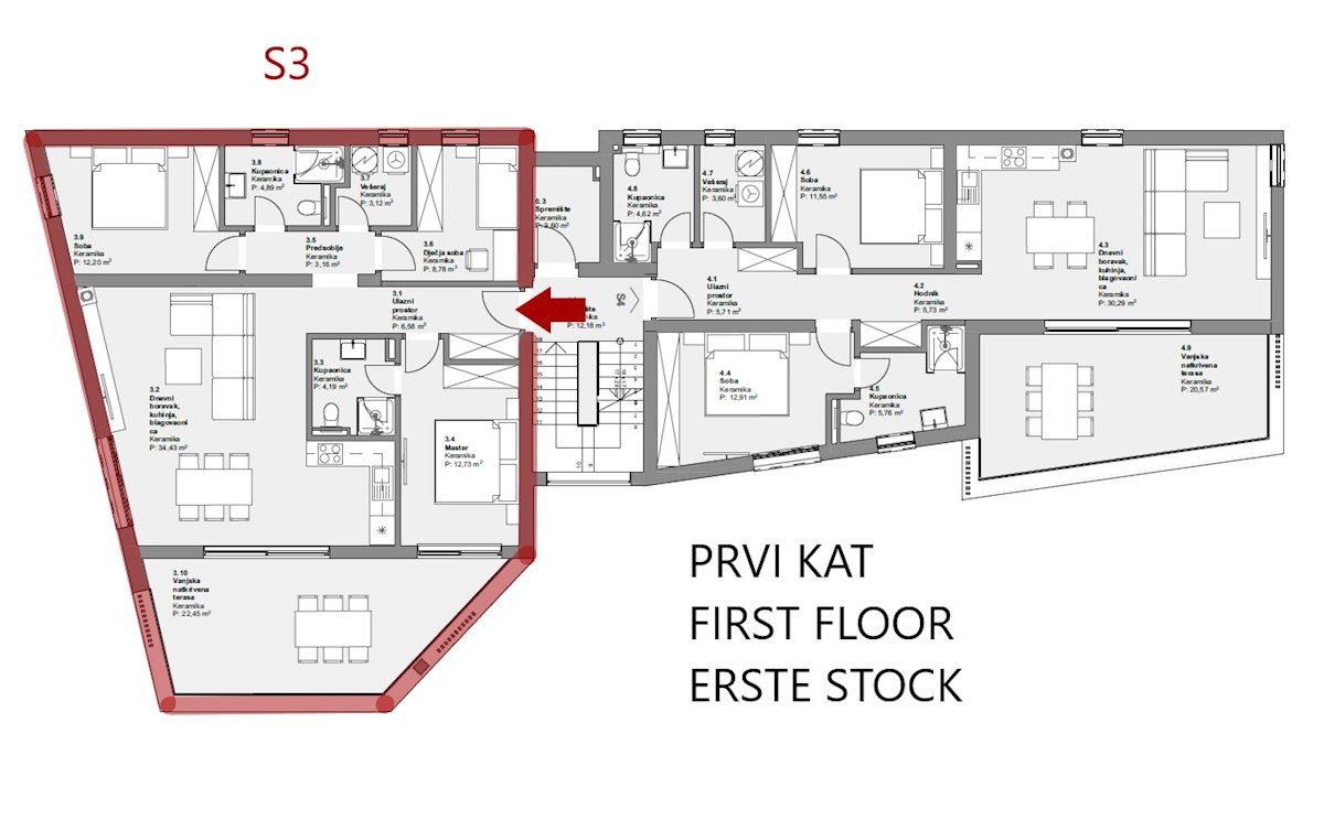 Hrvaška, Vodice, prodamo nov trisobni apartma, prvo nadstropje, pogled na morje