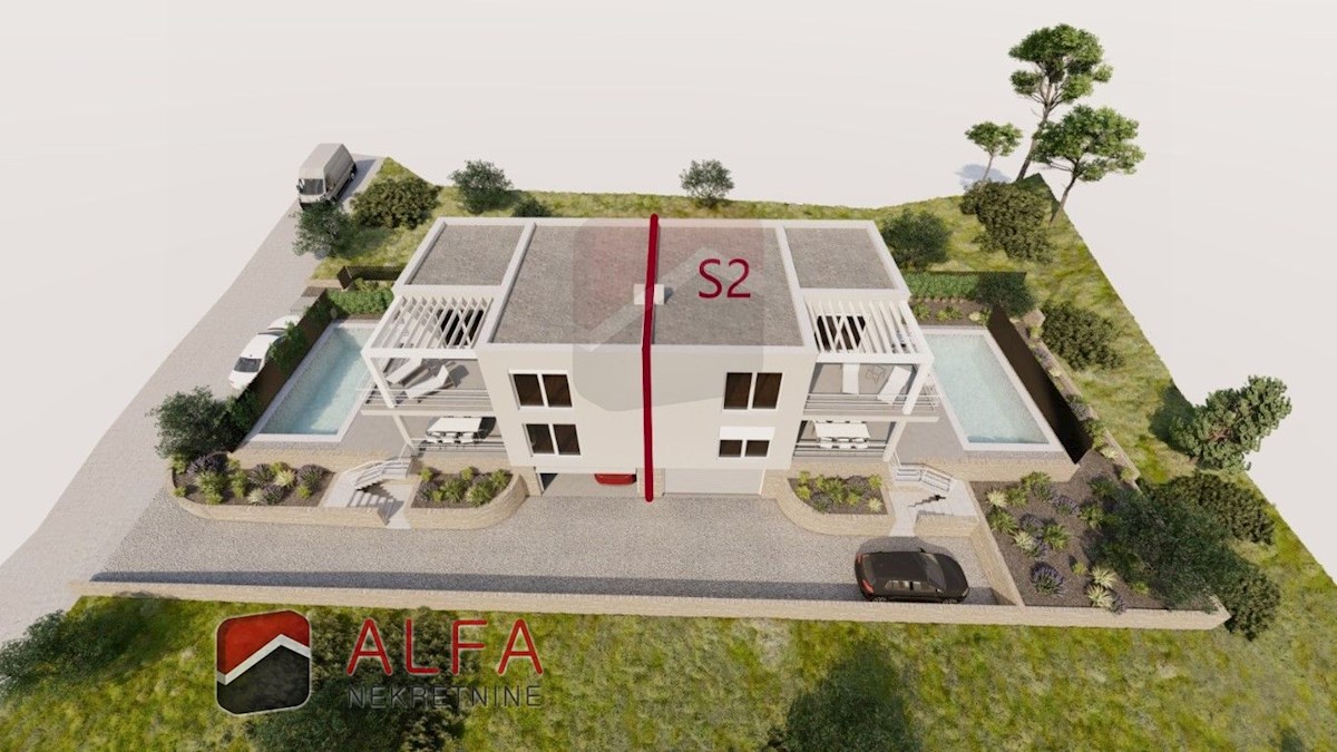 Hrvaška, Vodice – Prodaja nove polsamostojne hiše z garažo, bazenom in pogledom na morje