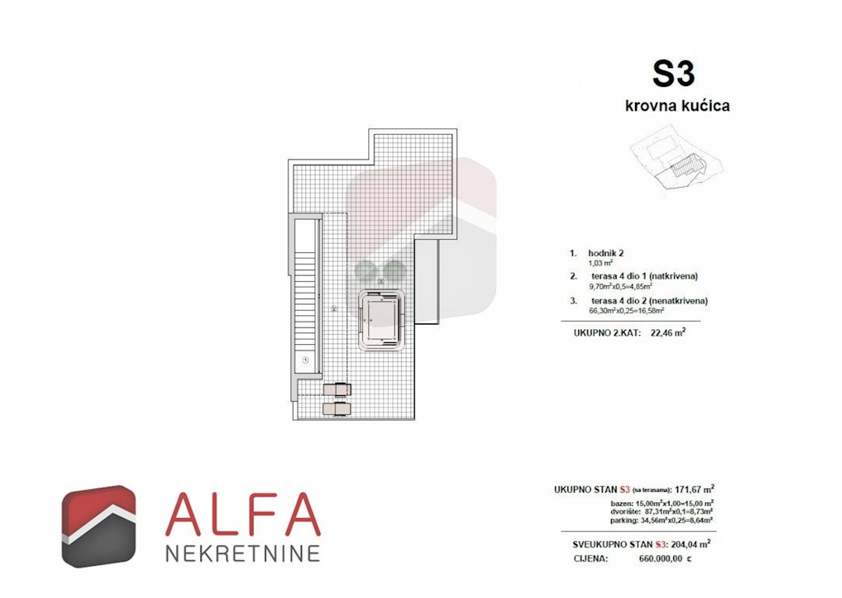 Hrvaška, Vodice – novogradnja, prodaja trietažno stanovanje, bazen, dvorišče, pogled na morje