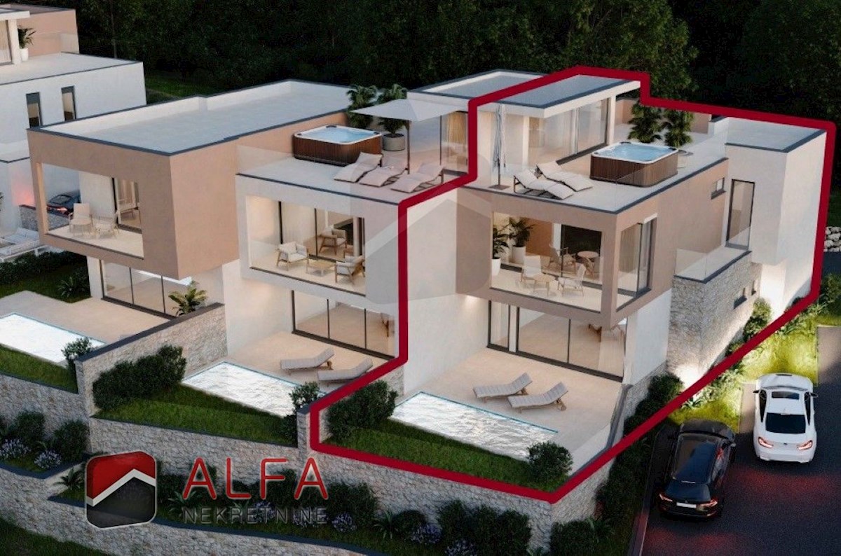 Hrvaška, Vodice – novogradnja, prodaja trietažno stanovanje, bazen, dvorišče, pogled na morje