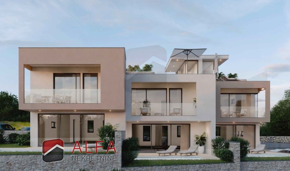 Hrvaška, Vodice – novogradnja, prodaja trietažno stanovanje, bazen, dvorišče, pogled na morje