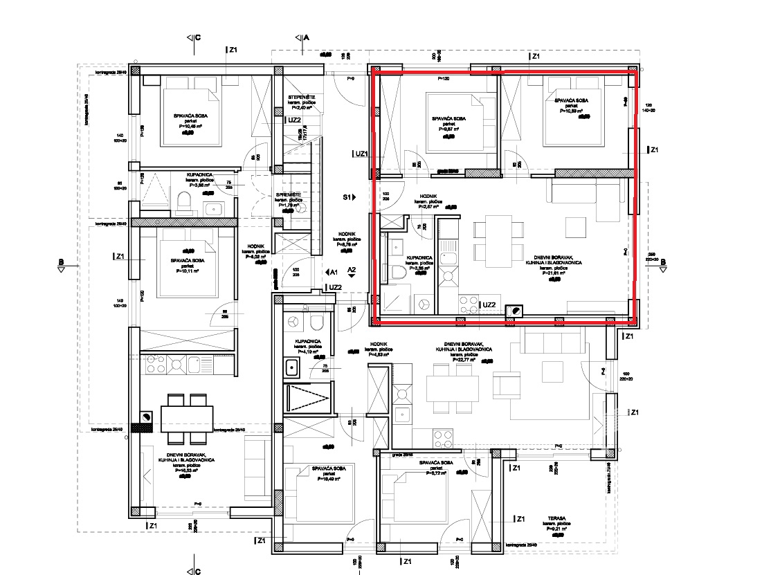 Vodice, trisobno stanovanje s strešno teraso v novogradnji, 131,5 m2
