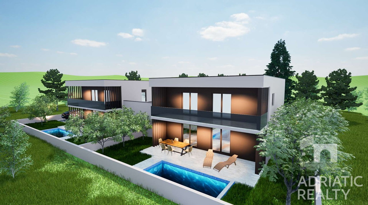 Vodice, novogradnja, moderna dvojna hiša z garažo in bazenom