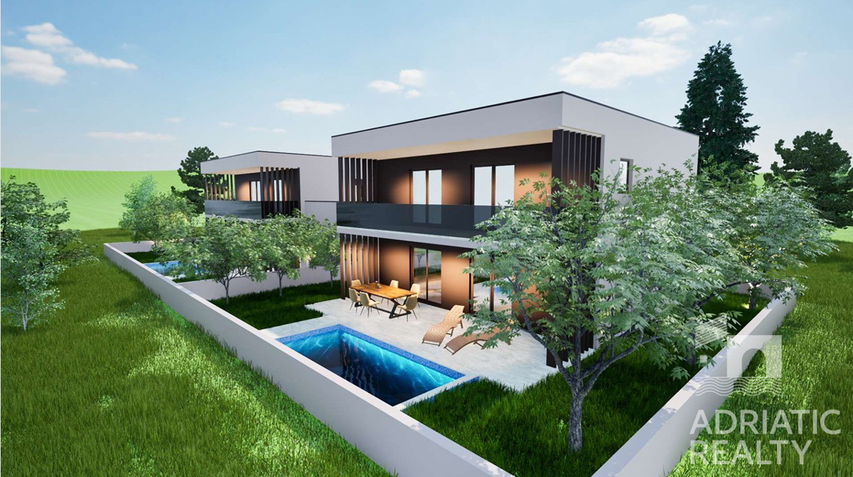 Vodice, novogradnja, moderna dvojna hiša z garažo in bazenom
