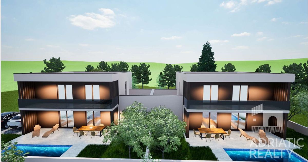 Vodice, novogradnja, moderna dvojna hiša z garažo in bazenom