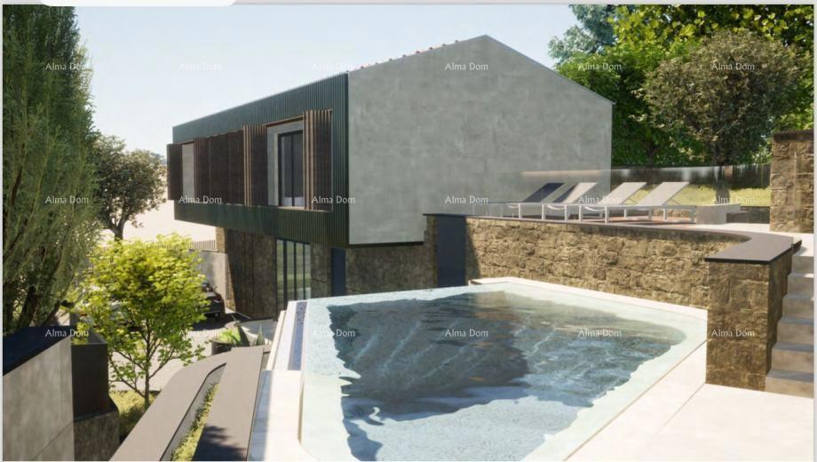 Prodaja se gradbeno zemljišče z ruševno hišico v Labinu, s pogledom na morje in projektom.