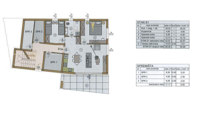Dvosobno stanovanje z velikim vrtom 100 metrov od obale.