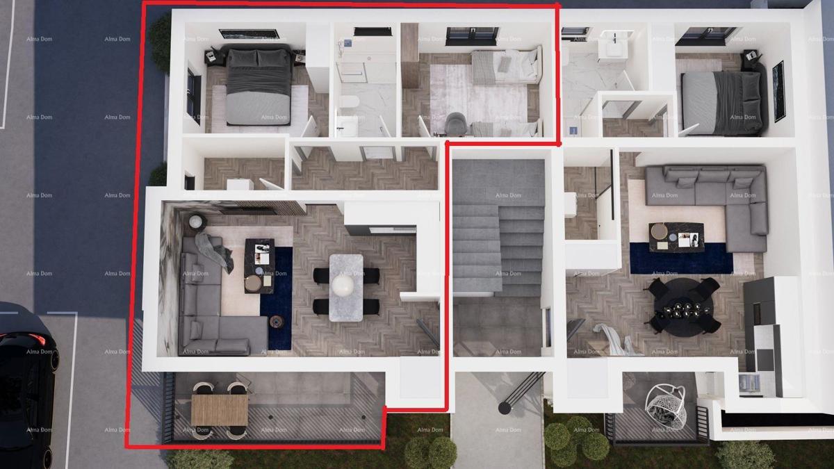 ŽMINJ – dvosobno stanovanje v pritličju, idealno za družino (Apartma D)