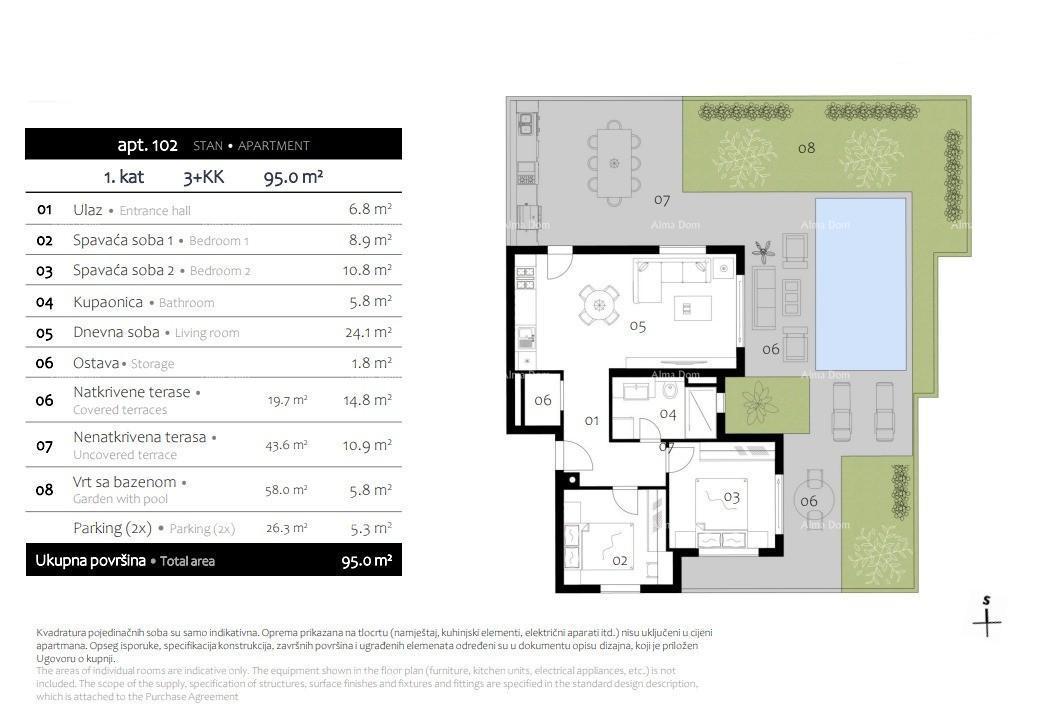 PREMANTURA - stanovanje z vrtom in bazenom, 500 m do morja (101)