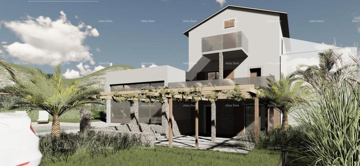 The translation of the title to Slovenian is: "Na prodaj stara kamnita duplex hiša s pogledom na morje."