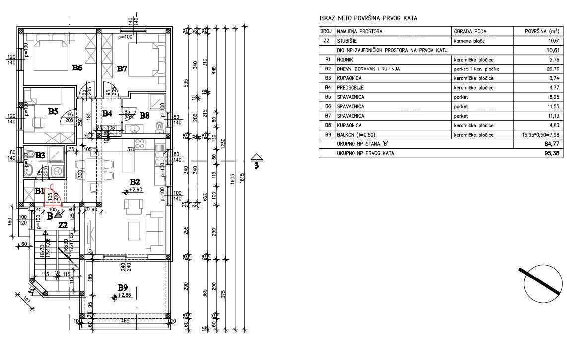 Trosobno stanovanje v 1. nadstropju novogradnje v bližini morja