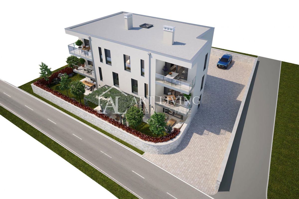 Umag, okolica – sodobno stanovanje z vrtom, 600 m od morja, NOVOGRADNJA