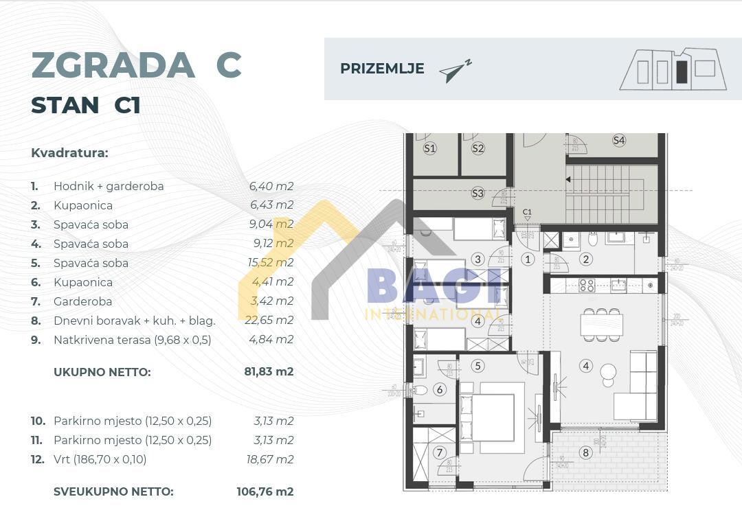 Fažana-Stanovanje C1-81,83m2-Vrt-186,70m2-Dve parkirni mesti