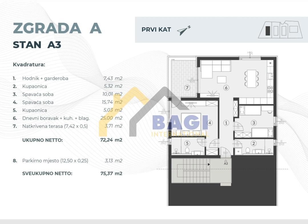 Prodamo Fažana-Valbandon Novogradnja A3 Apartma 72.24m2