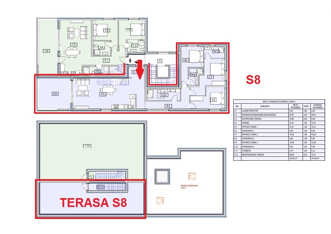 Apartma, drugo nadstropje, strešna terasa, pogled na morje