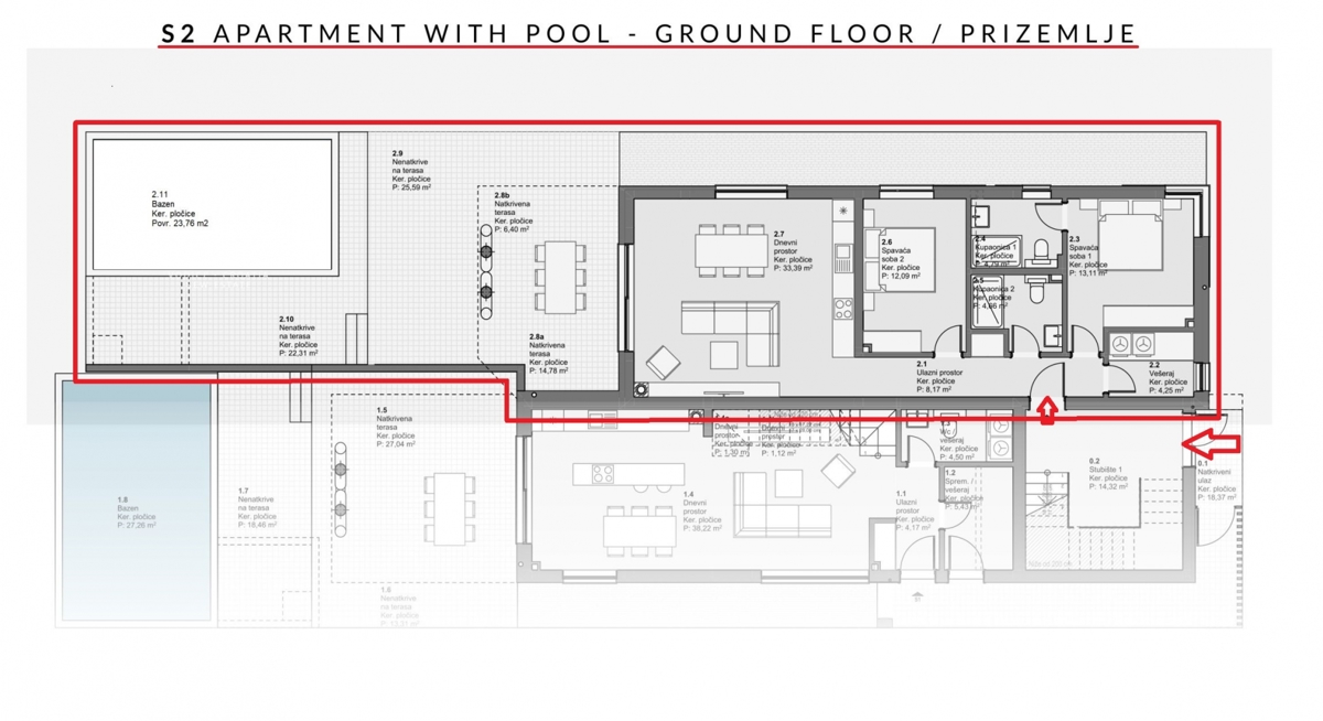 Vodice, pritlični apartma, vrt, bazen, 342,39 m2.