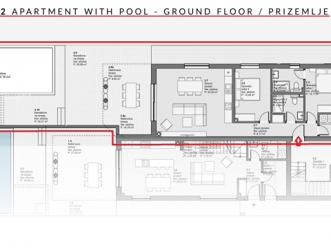 Vodice, pritlični apartma, vrt, bazen, 342,39 m2.