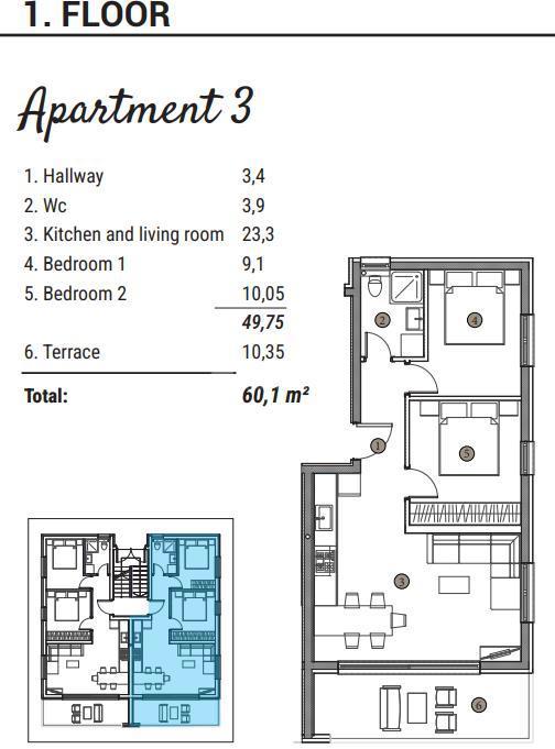 Dvosobno stanovanje s teraso, 60,1 m², Čiovo / Trogir