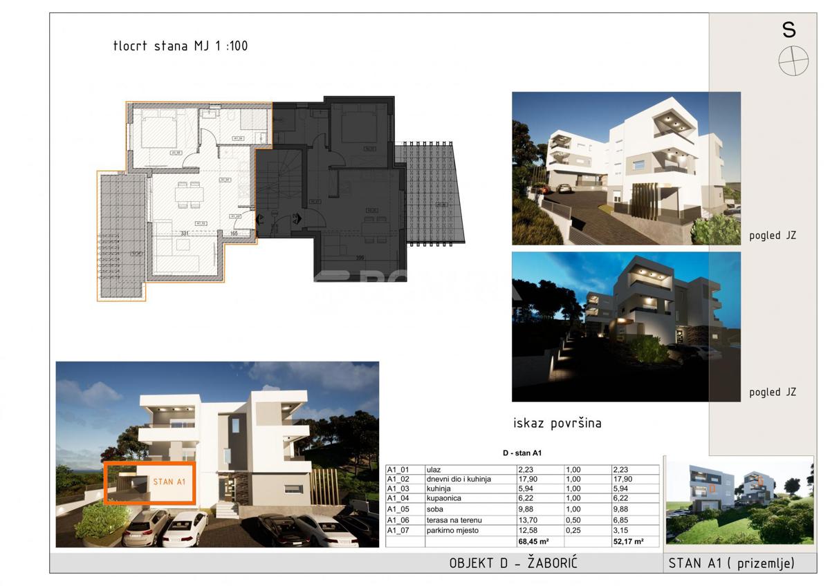 Enosobno stanovanje s teraso, Žaborić – novogradnja, 400 m od morja