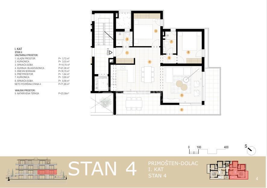 Prostoren dvosobni apartma z veliko teraso, 1. nadstropje novogradnje – Primošten Dolac