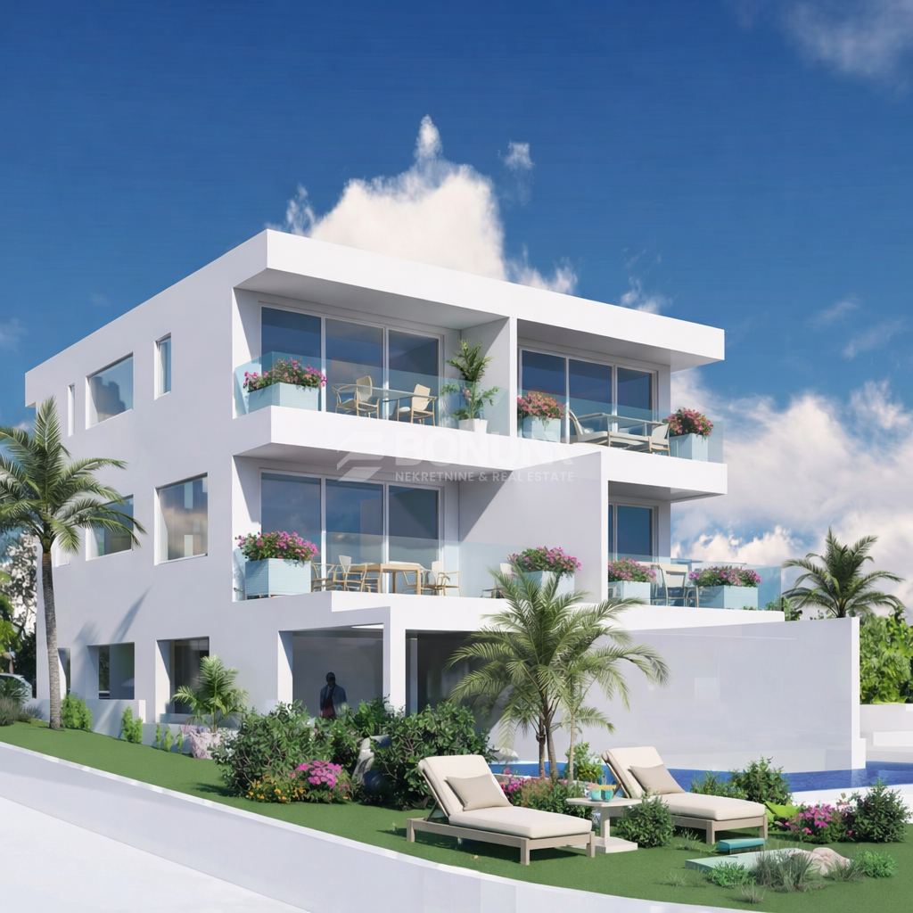 Luksuzna polsamostojna hiša s sistemom pametnega doma, neskončnim bazenom in pogledom na morje, Vodice