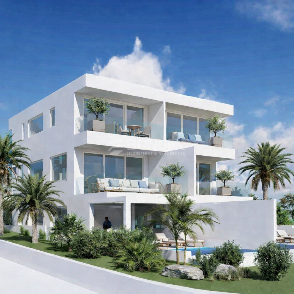 Luksuzna polsamostojna hiša s sistemom pametnega doma, neskončnim bazenom in pogledom na morje, Vodice