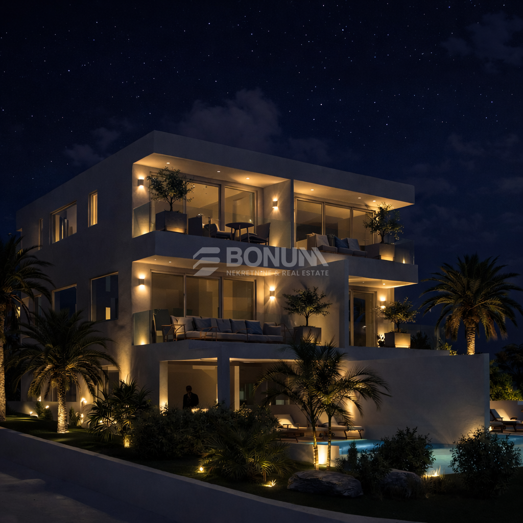 Luksuzna polsamostojna hiša s sistemom pametnega doma, neskončnim bazenom in pogledom na morje, Vodice