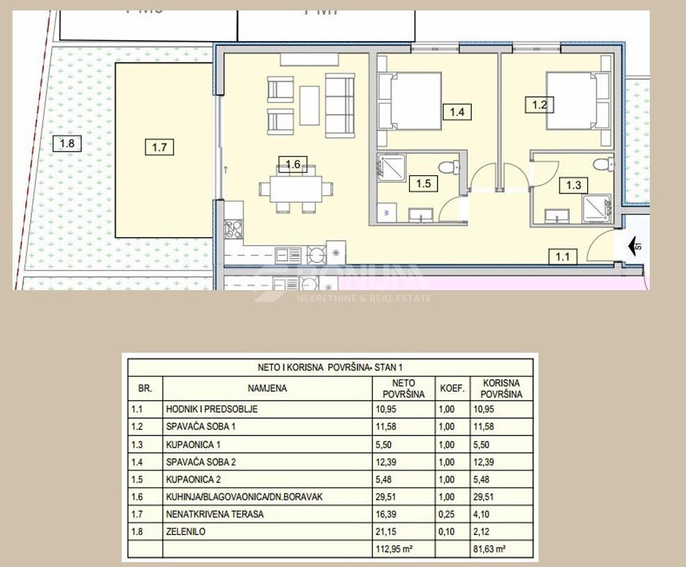 Moderno pritlično stanovanje s teraso in vrtom, 50 m od morja – Srim