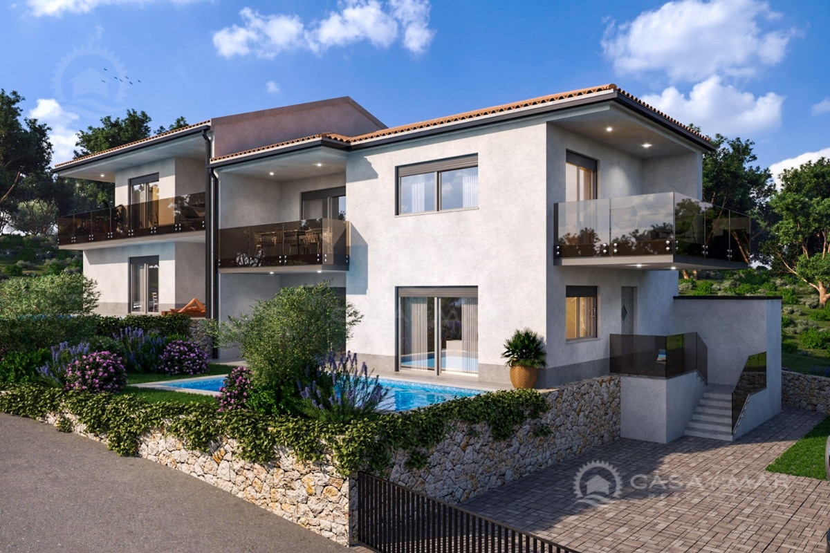 Novogradnja – apartma v Vrbniku z zasebnim bazenom in pogledom na morje