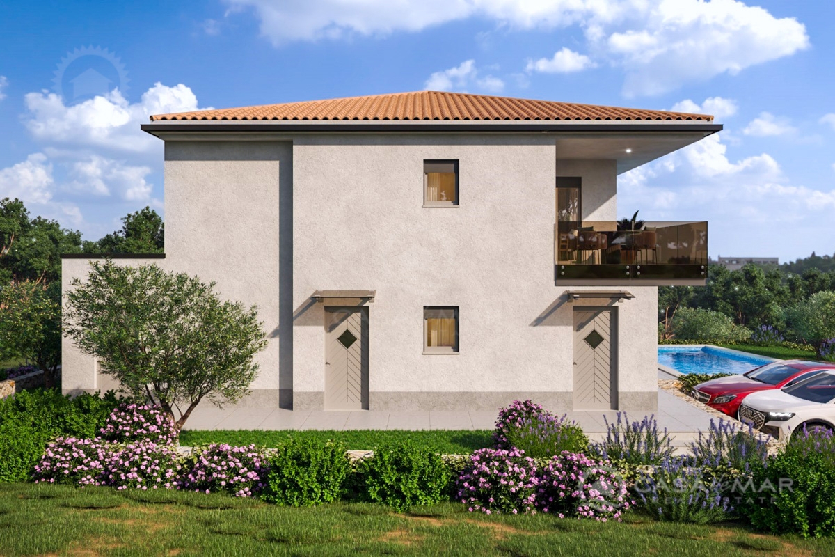 Novogradnja – apartma v Vrbniku z zasebnim bazenom in pogledom na morje