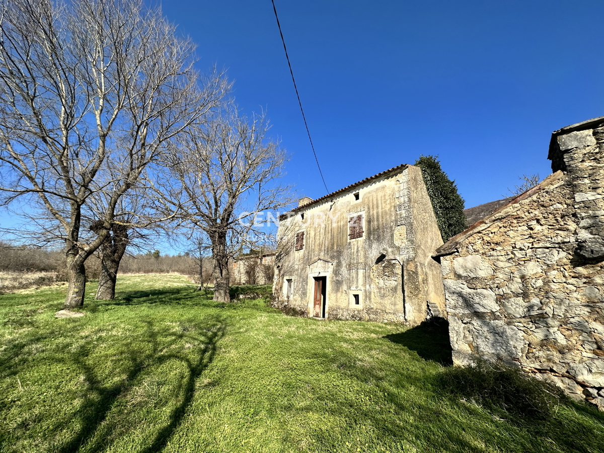 KRŠAN, TRI KAMNITE HIŠE Z VELIKIM GRADBENO OKOLIŠČEM, ODPRT POGLED NA NARAVO