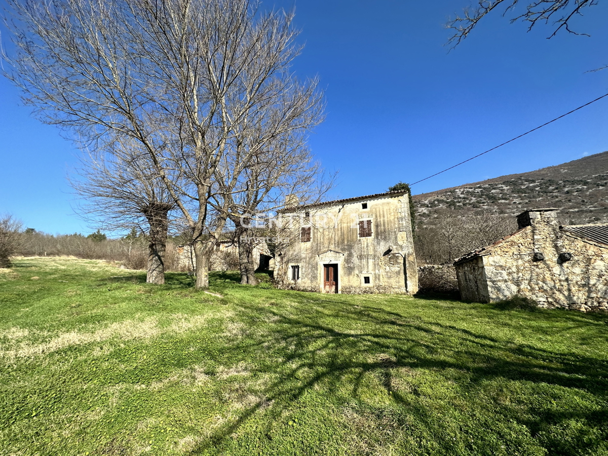 KRŠAN, TRI KAMNITE HIŠE Z VELIKIM GRADBENO OKOLIŠČEM, ODPRT POGLED NA NARAVO