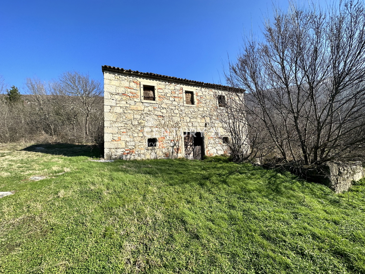 KRŠAN, TRI KAMNITE HIŠE Z VELIKIM GRADBENO OKOLIŠČEM, ODPRT POGLED NA NARAVO