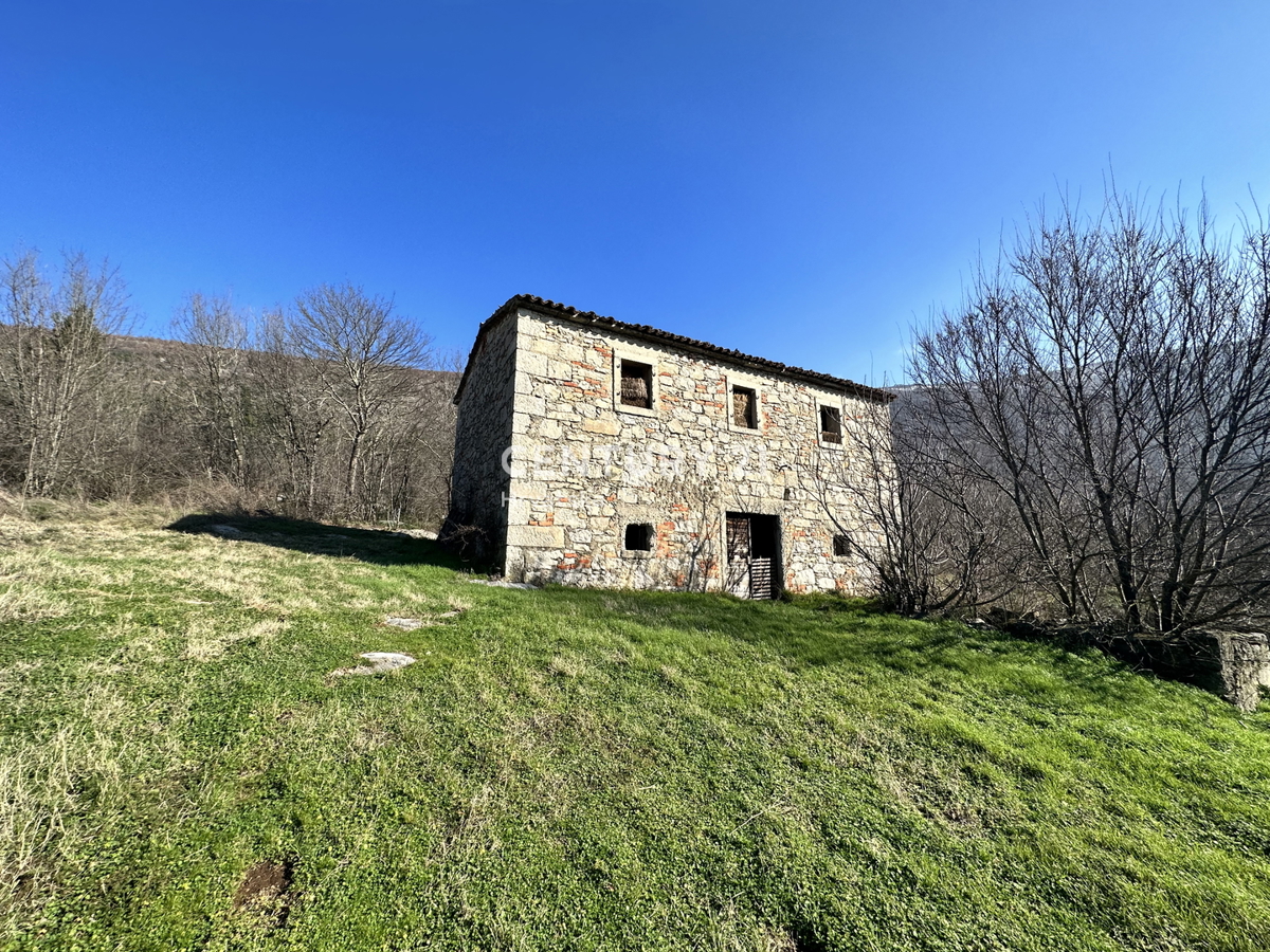 KRŠAN, TRI KAMNITE HIŠE Z VELIKIM GRADBENO OKOLIŠČEM, ODPRT POGLED NA NARAVO