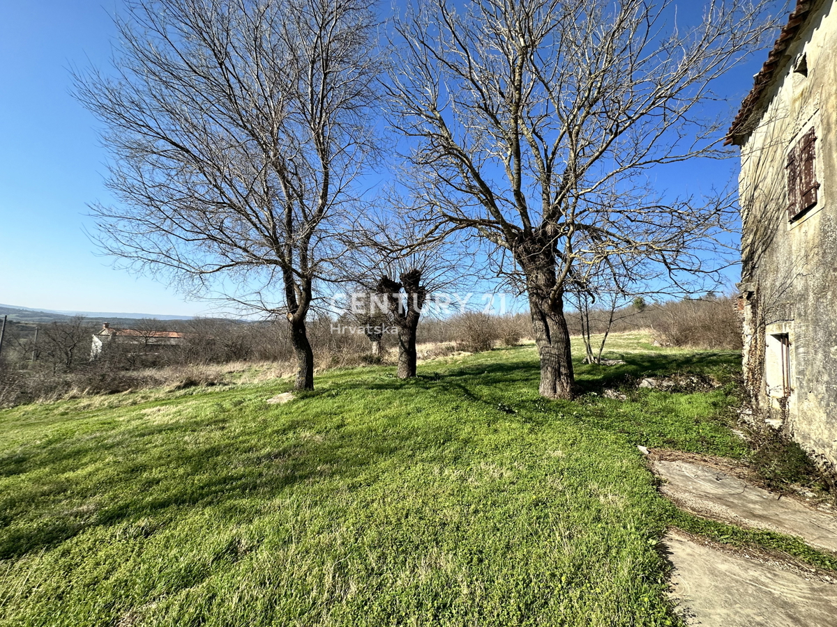 KRŠAN, TRI KAMNITE HIŠE Z VELIKIM GRADBENO OKOLIŠČEM, ODPRT POGLED NA NARAVO