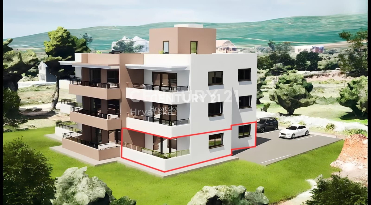 Turanj, stanovanje v pritličju z vrtom in pogledom na morje, novogradnja bruto 225 m2, neto 90,65 m2