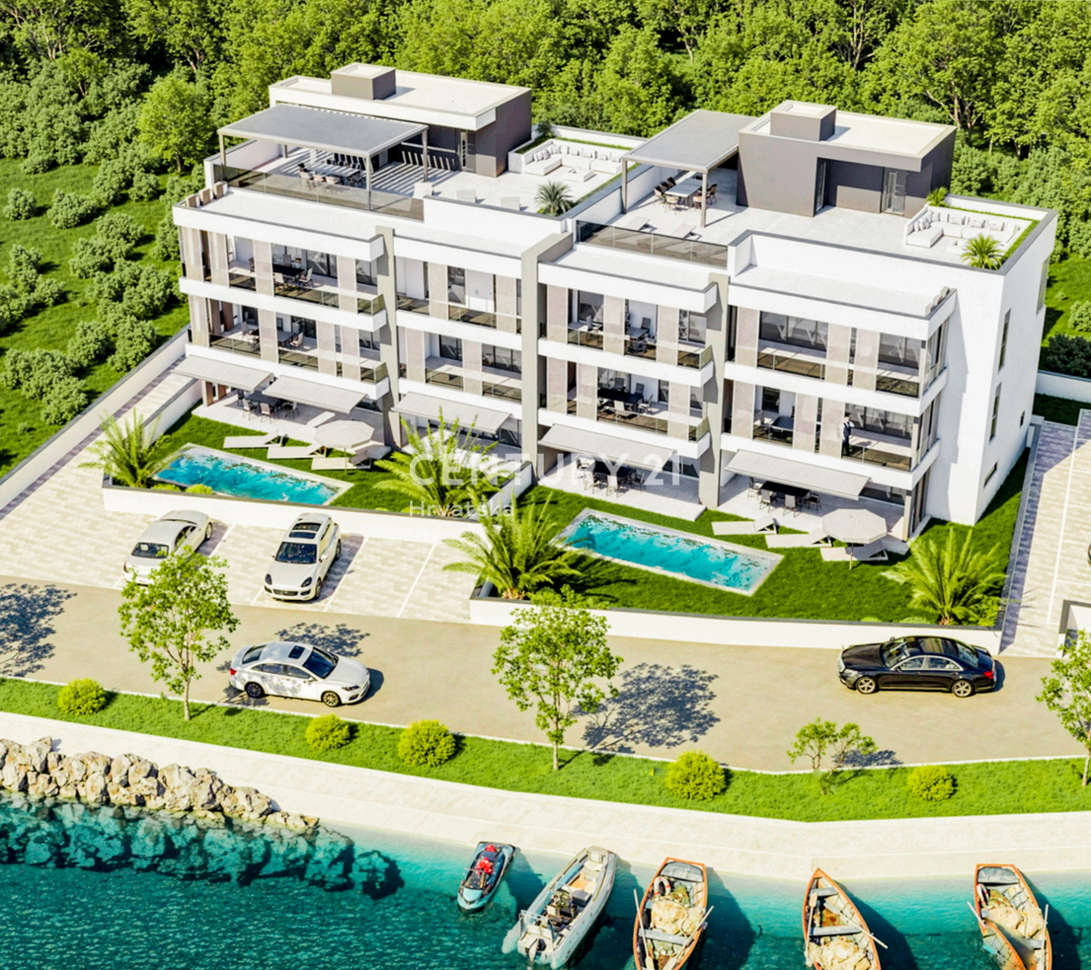 Zaton, 1. vrsta od morja, luksuzna novogradnja, pritličje A1, 223,59 m², vrt, bazen