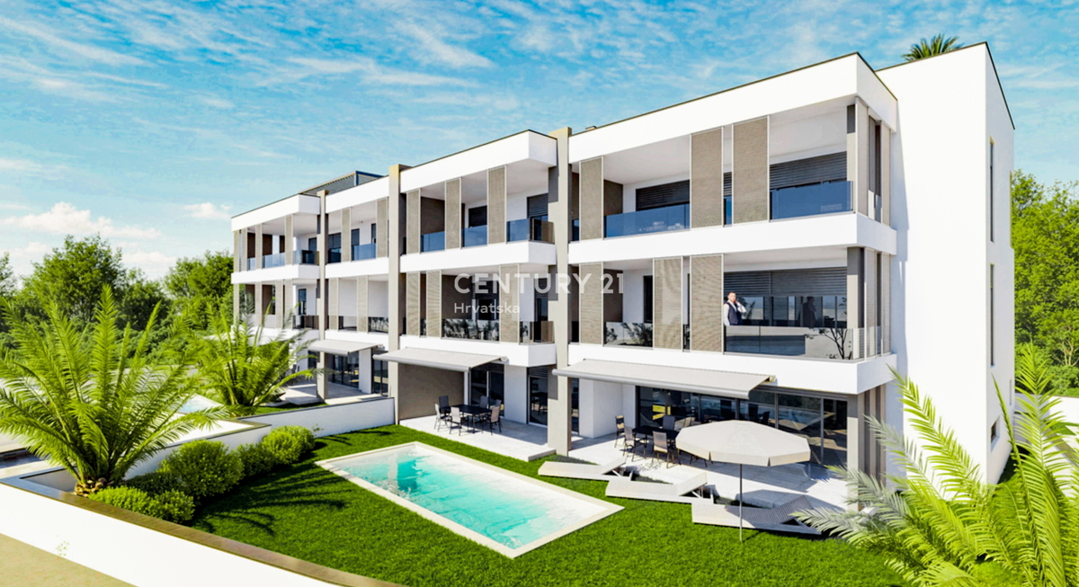 Zaton, 1. vrsta od morja, luksuzna novogradnja, pritličje A1, 223,59 m², vrt, bazen