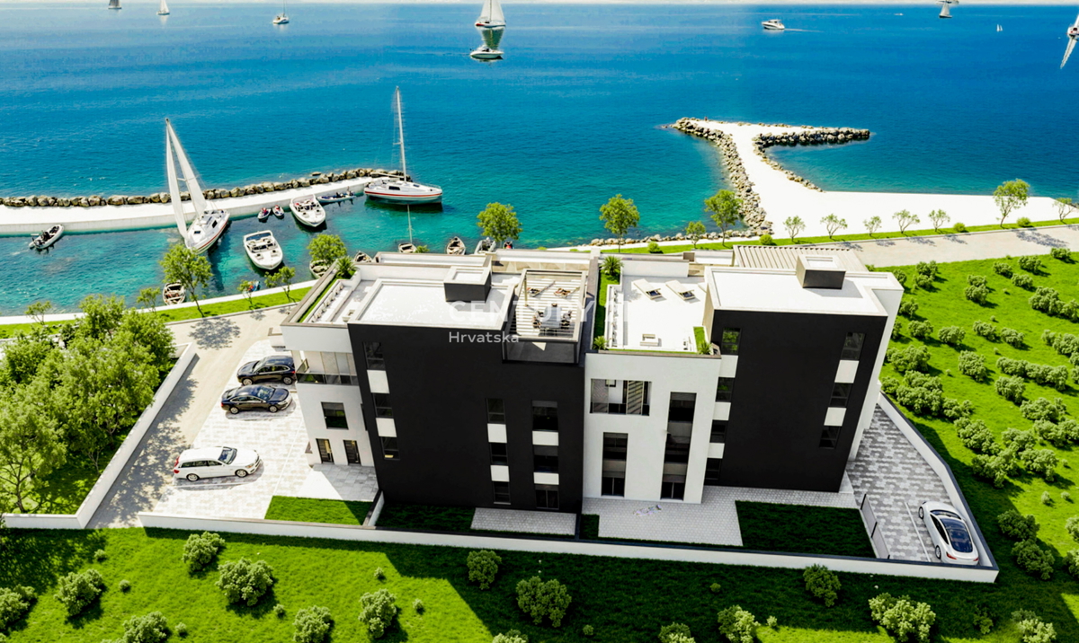 Zaton, 1. vrsta od morja, luksuzna novogradnja, pritličje A1, 223,59 m², vrt, bazen