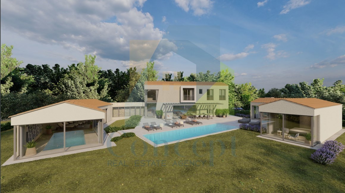 Motovun, okolica, oblikovana vila s bazenom in pogledom na morje