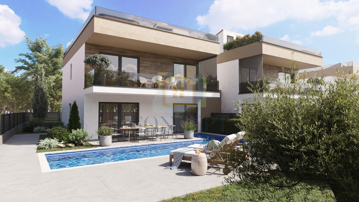 Novigrad, okolica, moderna dvojna kuća s bazenom, 7 km od mora