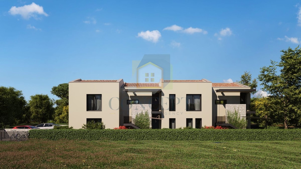 Poreč, okolica, Luksuzno stanovanje v 1. nadstropju z dvema spalnicama in vrtom, 3 km od morja