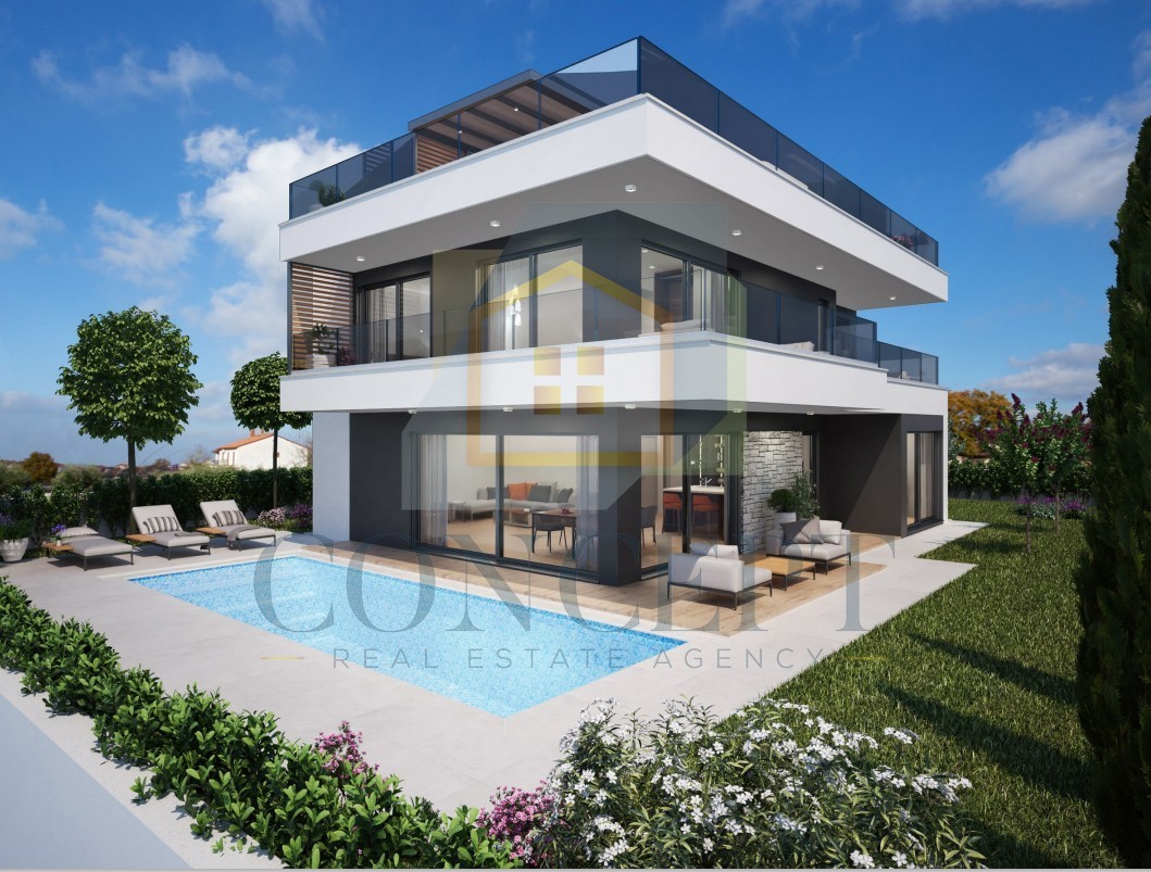 Poreč, uža okolica, samostojna luksuzna vila s bazenom i krovno teraso, 2 km od morja